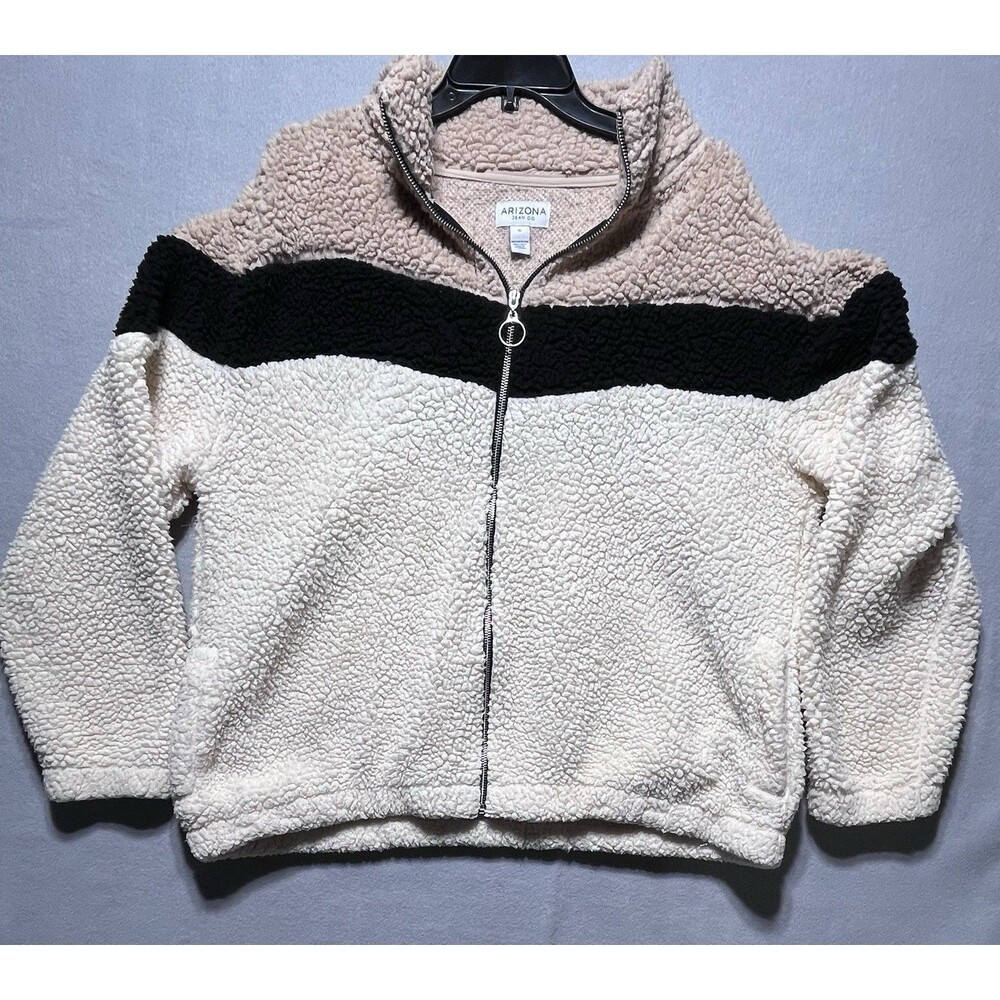Arizona Jean Co Women's XL Sherpa Full Zip Colorblock Sweatshirt Beige/Black